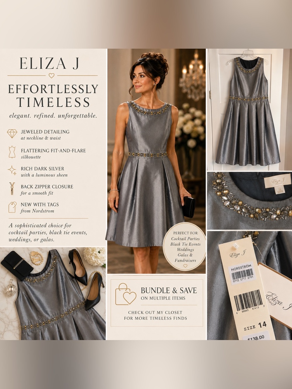 NWT Eliza J Dark Silver Embellished Taffeta Fit and Flare Dress - Size 14